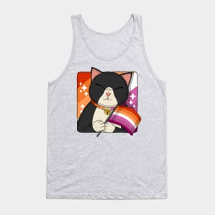 Cute Tuxedo Cat Holding Lesbian Pride Flag Tank Top